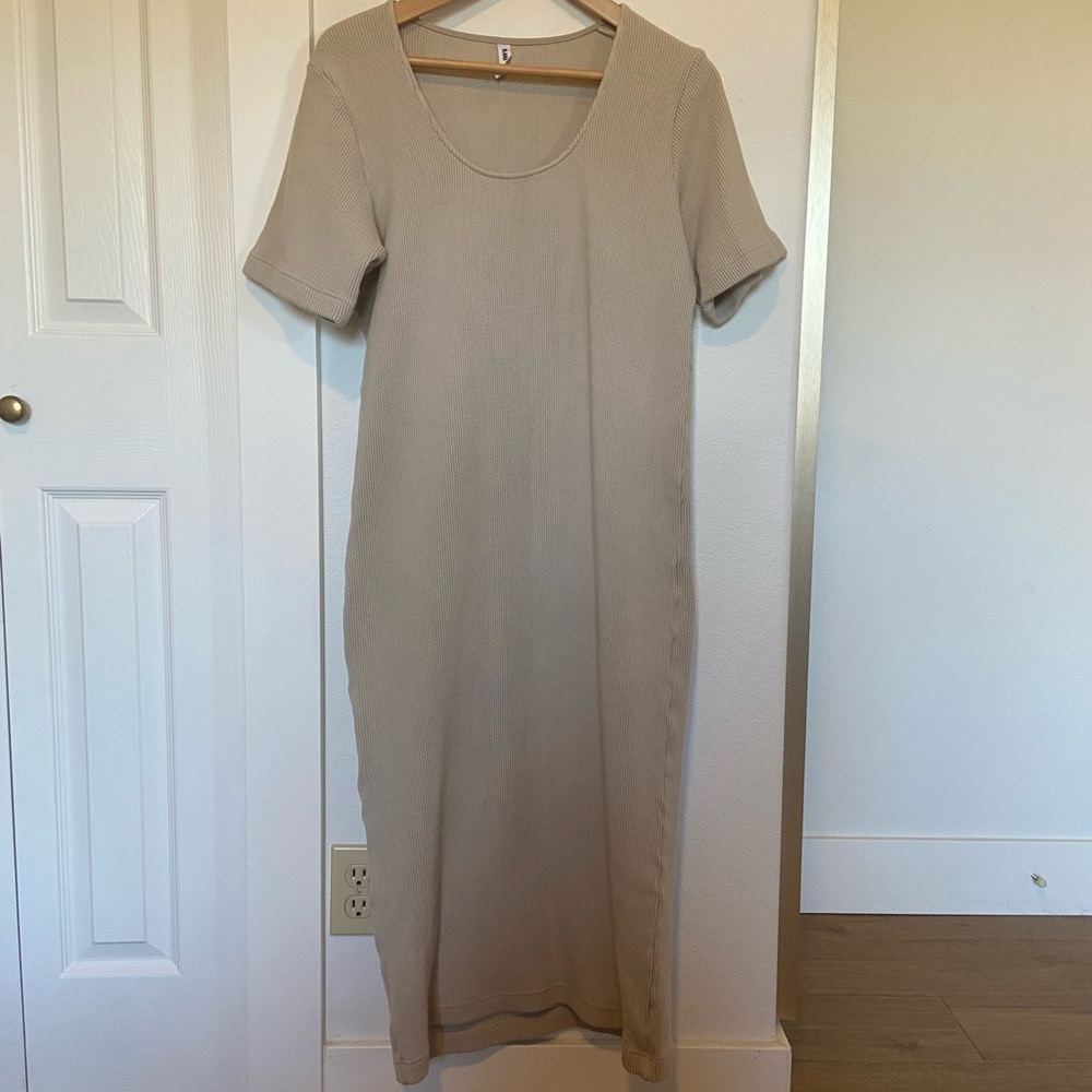 Ilana Kohn Scoop Neck Sand Rib Knit Cotton Midi T-Shirt Dress